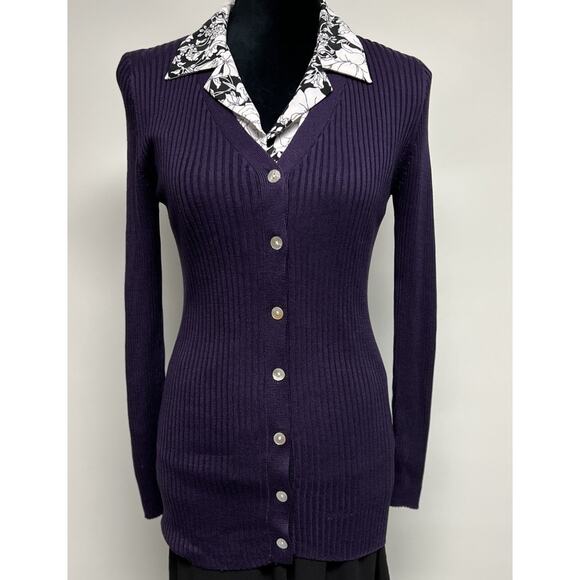 100% Silk Cardigan Sweater Small Womens Ribbed Long preppy Old Money Dark Purple - Picture 2 of 10
